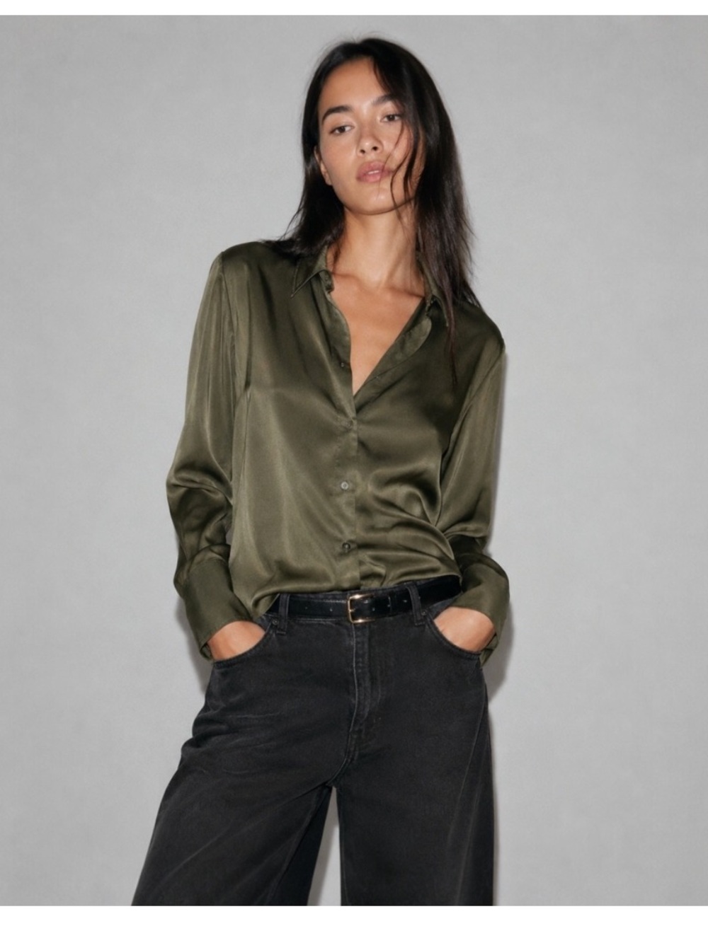 H&M Button Up Blouse Womens Medium Olive Green Long Sleeve Stretch